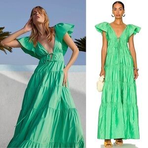 ALC Flutter Short Sleeve V-Neck Empire Waist‎ Front Tie Ruffle Tier Maxi Gown 6